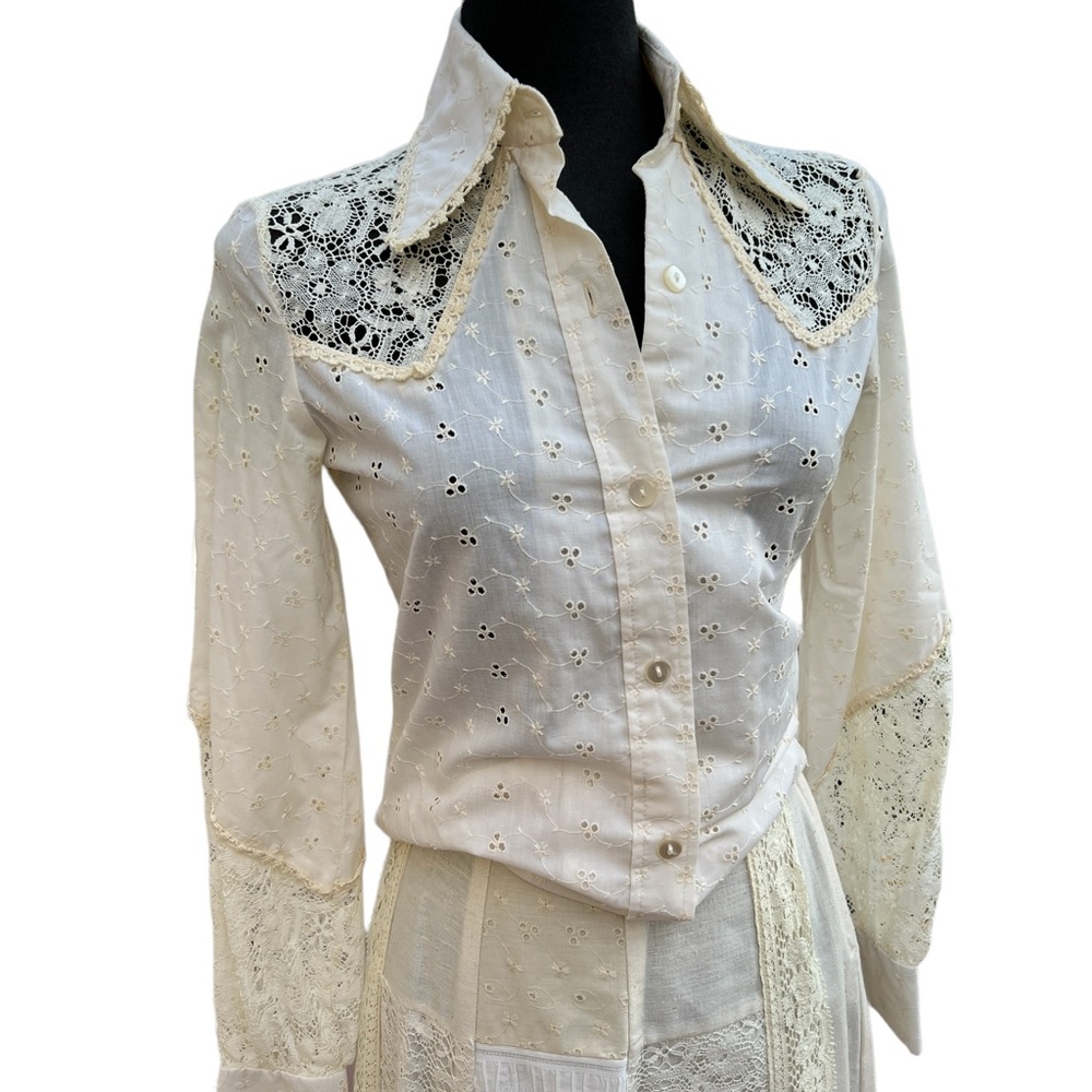 M. BIANCHI CALIFORNIA Vintage Eyelet Ruffle Hem Skirt & Button Down Top AMAZING! - Picture 2 of 16